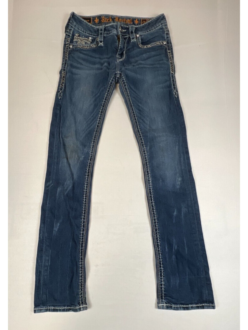 Rock Revival Women's 26 Mid Straight Blue Jeans Sukara Embellished Denim Pants